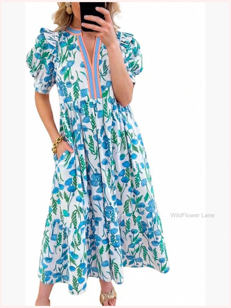 Boho Floral V-Neck Puff Sleeve Maxi Dress Summer Casual Tiered Swing Sundress